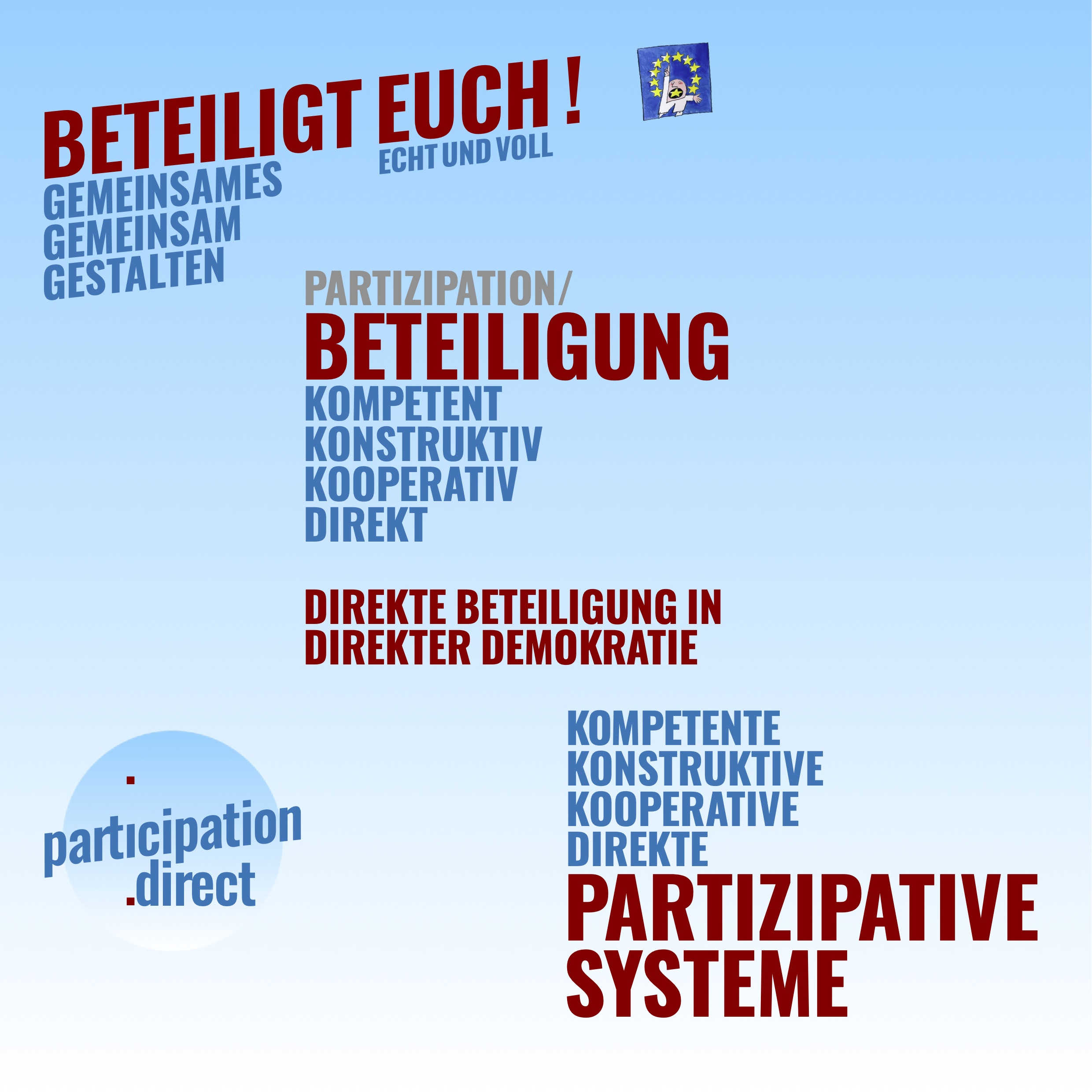 beteiligt euch! · echt und voll
	· gemeinsames gemeinsam gestalten
	· beteiligung / partizipation .kompetent .konstruktiv .kooperativ .direkt
	· in der politik teil .direkter demokratie